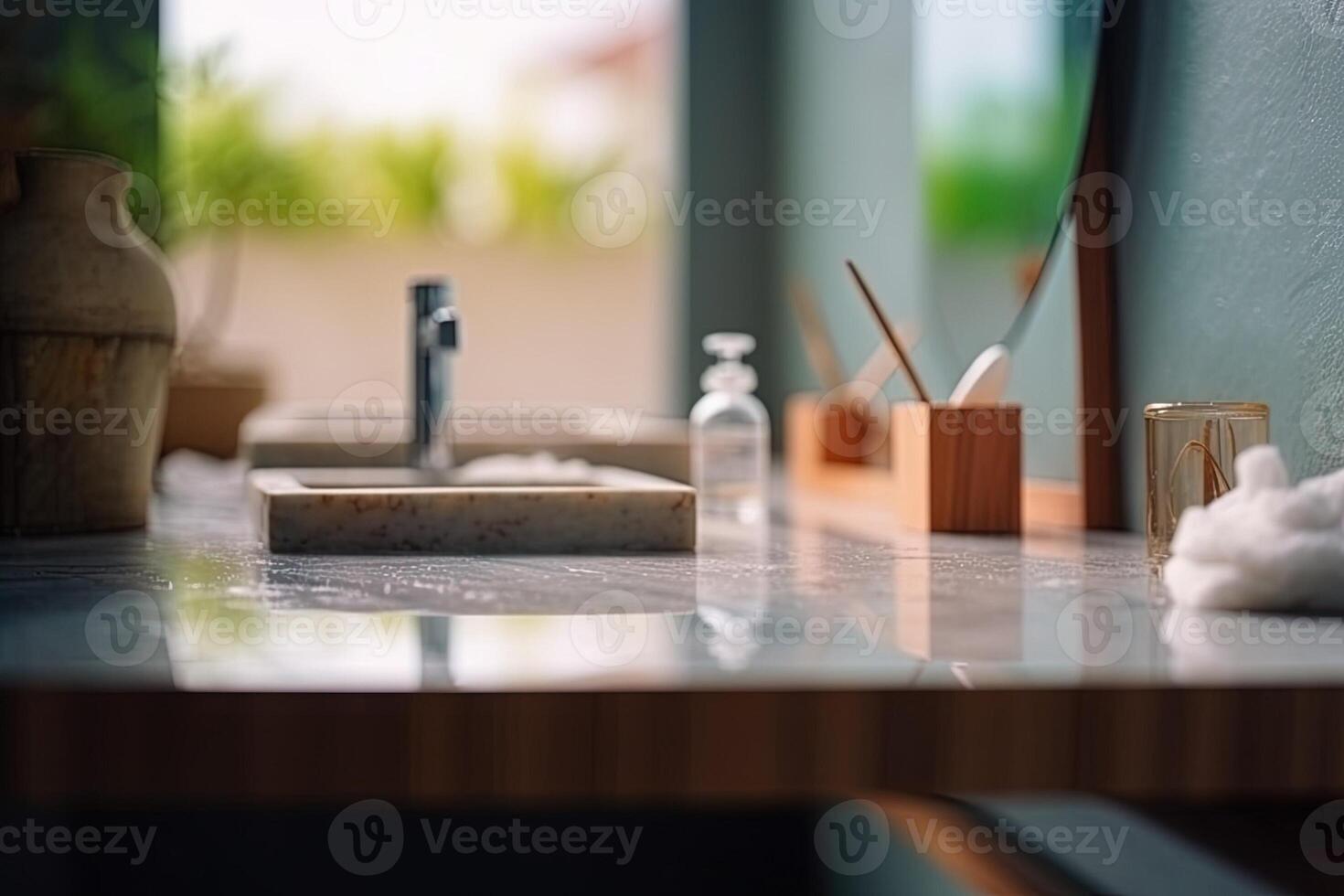Table Top And Blur Bathroom Of The Background illustration photo