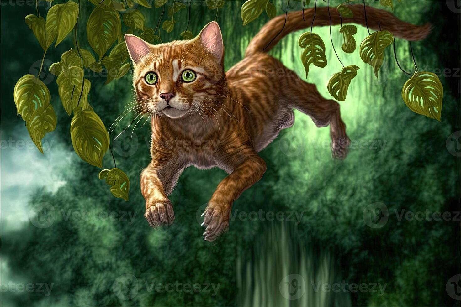 gato tarzán en el selva ilustración generativo ai foto