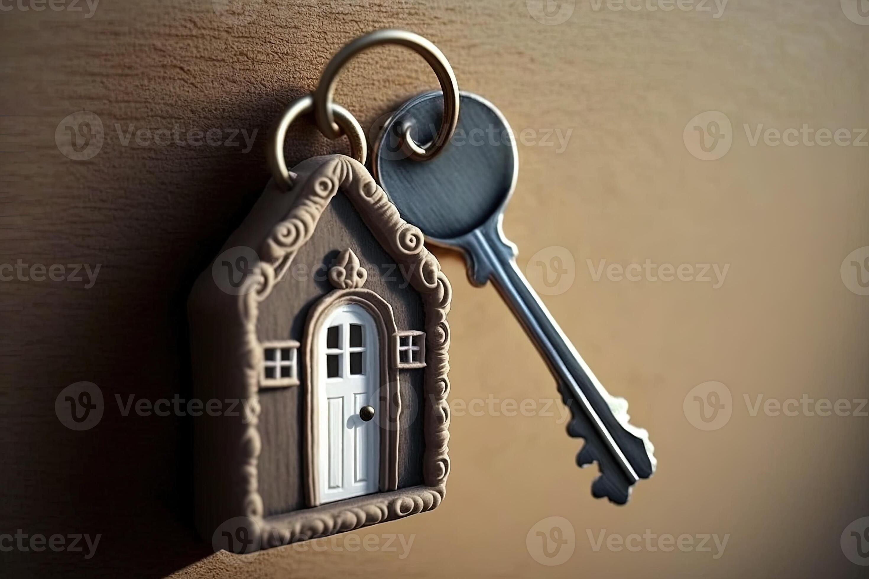 The home key with house keyring in the door keyhole property and new home concept illustration