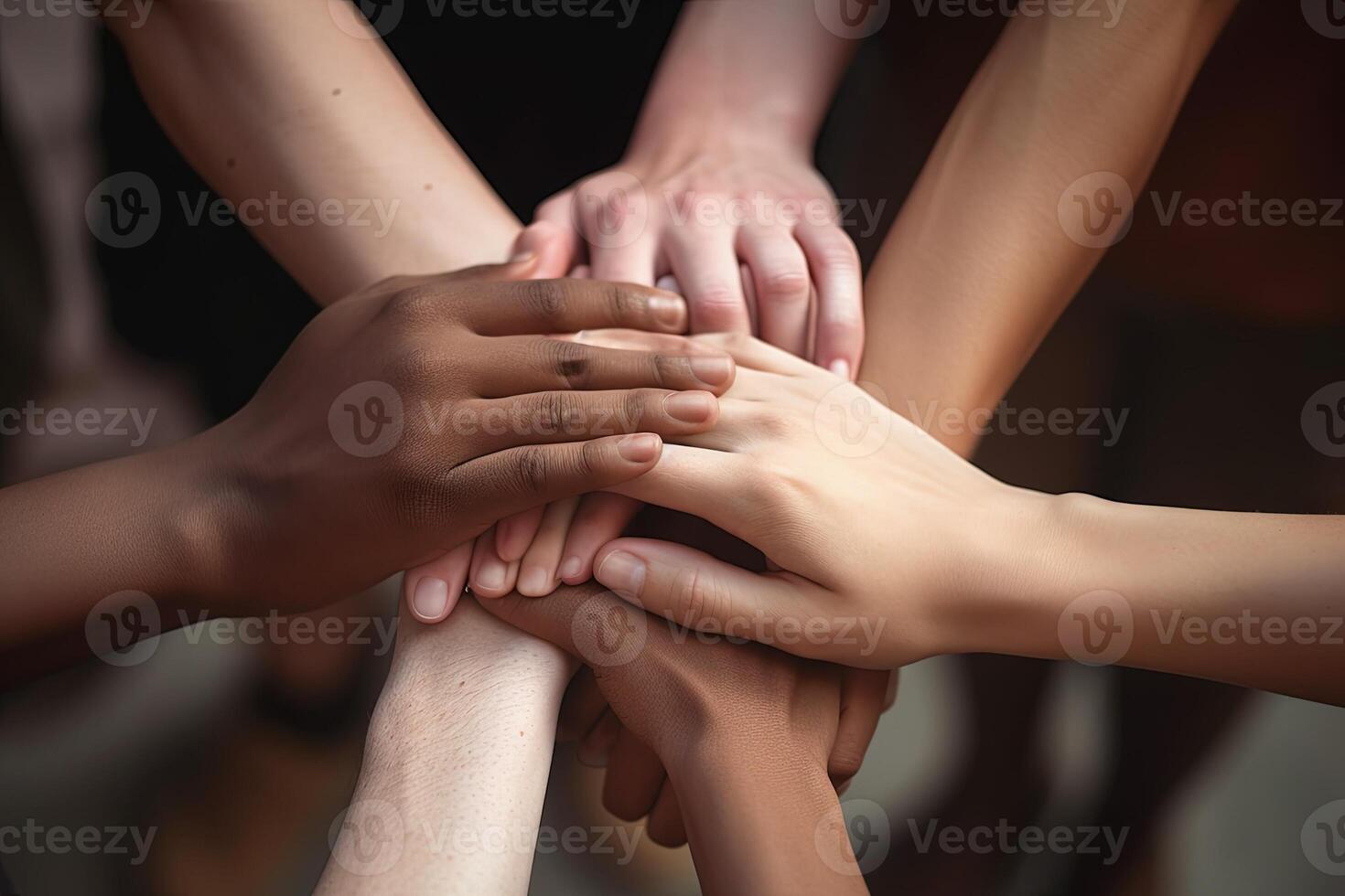 Unity and diversity partnership as heart hands in a group of diverse people connected together illustration photo