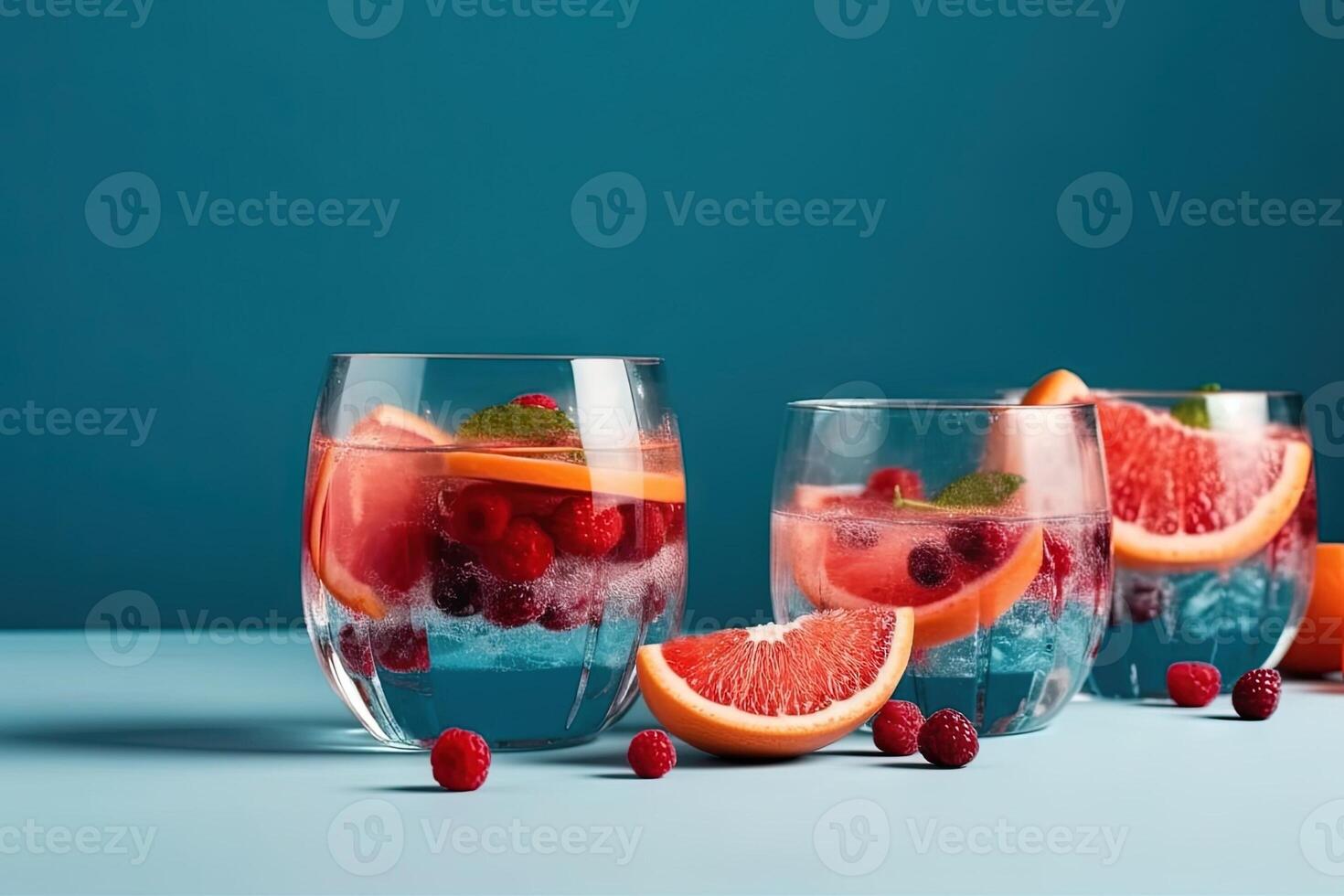 glass of tropical fruit summer cocktail on blue background illustration photo