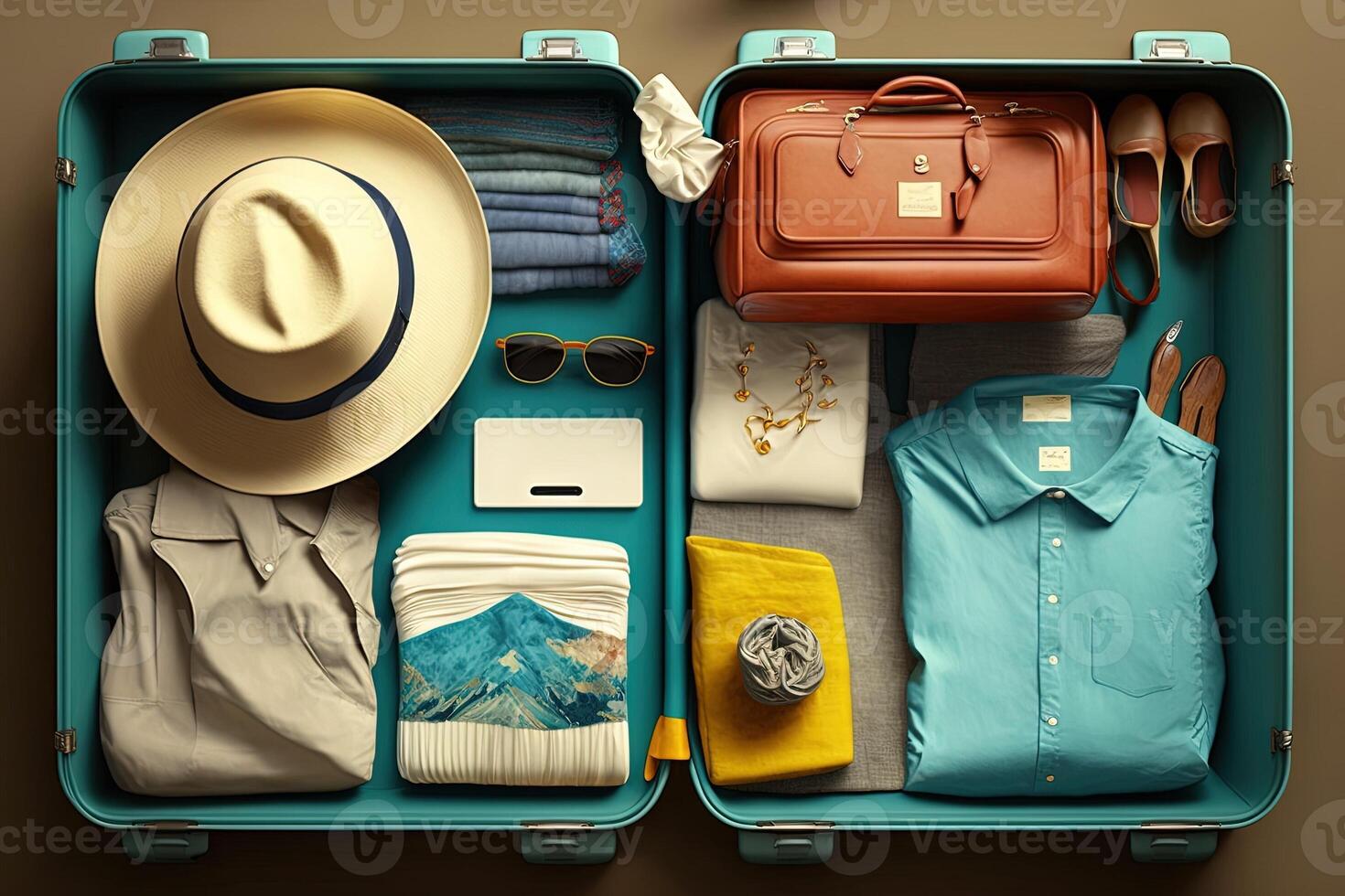 travel suitcase packed with clothes and accessories illustration photo