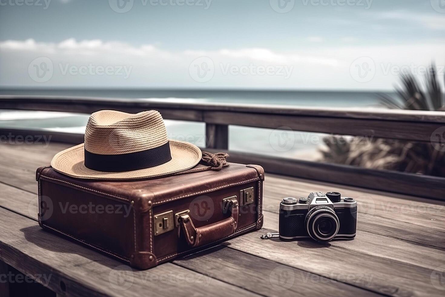 Vintage suitcase, hipster hat, photo camera Summer holiday and cruise traveling concept. illustration