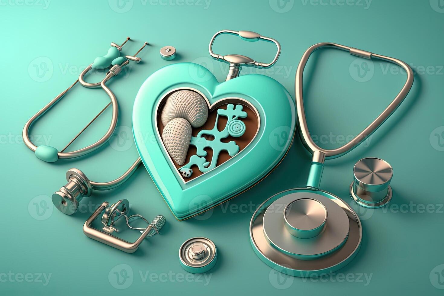 Top view of medical stethoscope and icon family on cyan background. Health care insurance concept illustration photo