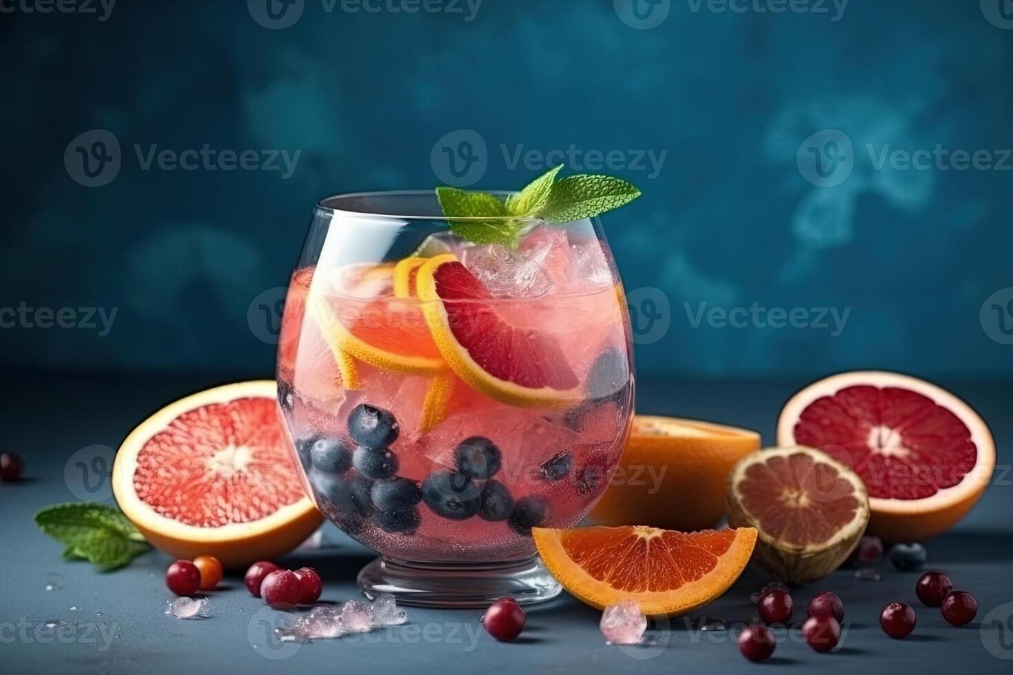 glass of tropical fruit summer cocktail on blue background illustration photo