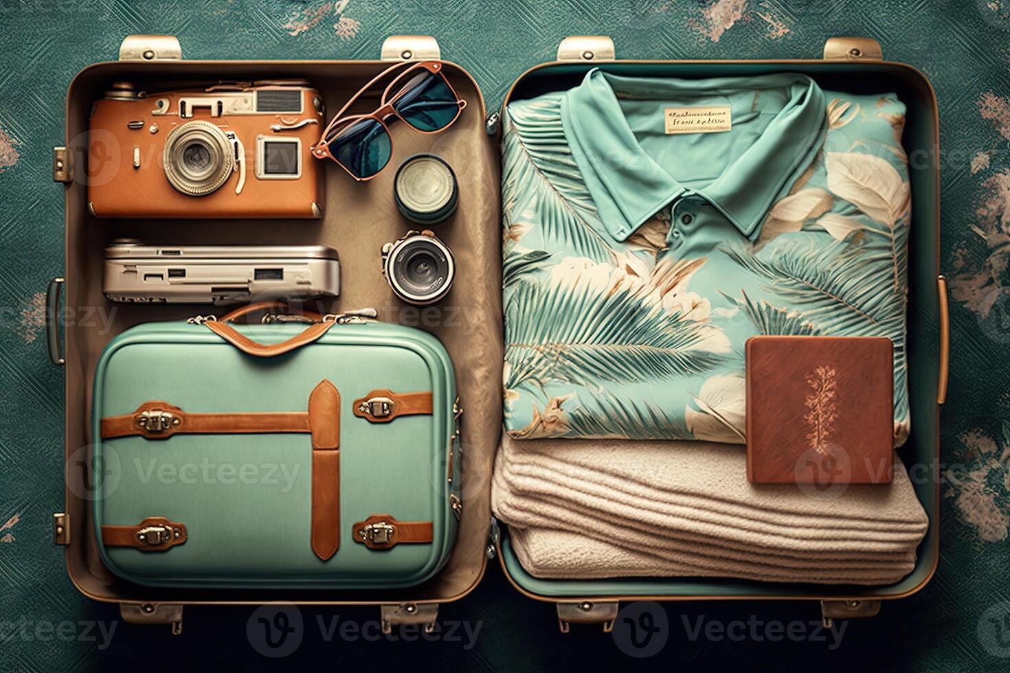 travel suitcase packed with clothes and accessories illustration photo