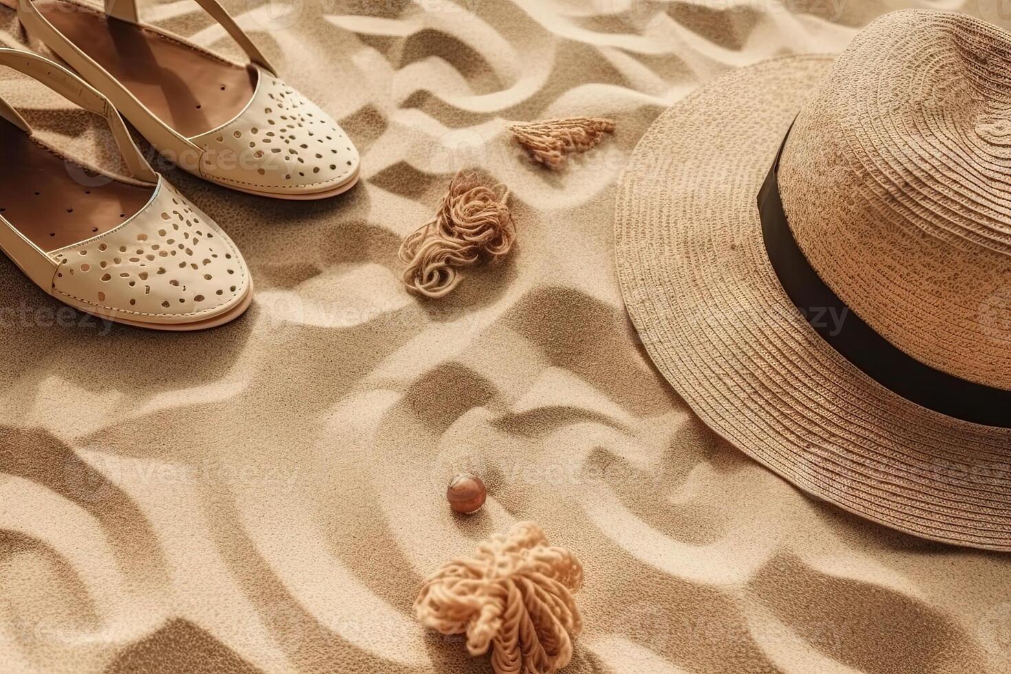 hat on Sandy beach background top view with visible sand texture illustration photo