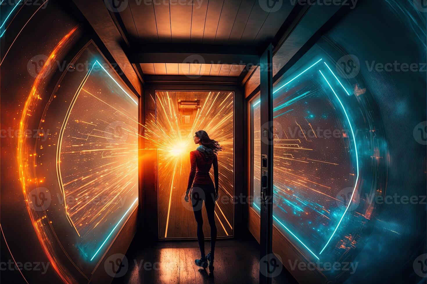 Woman inside teleport cabin while teleporting in lights rays illustration photo