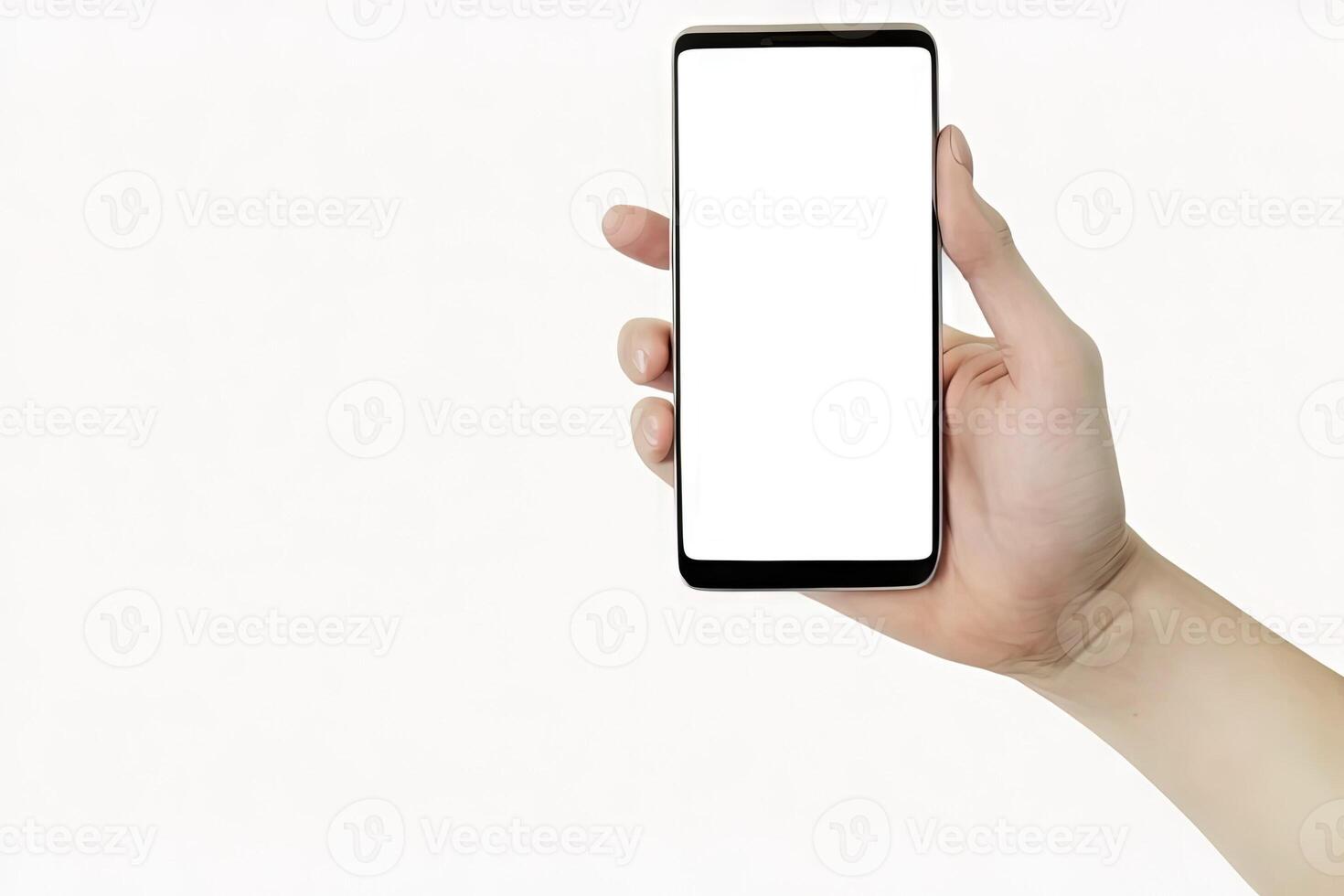 Woman's hand holding phone on white background with copy space. Smartphone of woman's holding hand with white screen. Hand with blank cell phone display, close-up illustration photo