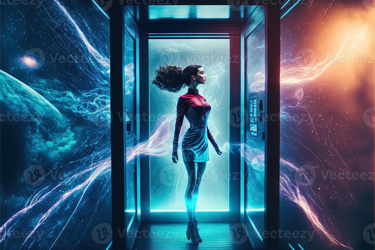 Woman inside teleport cabin while teleporting in lights rays illustration photo