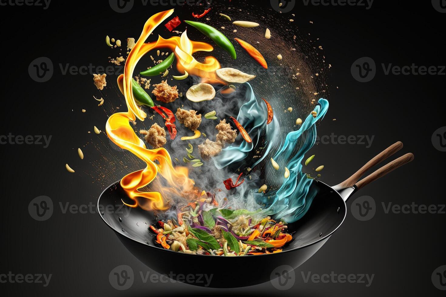 Wok Pan with Flying Ingredients in the Air and Fire Flames on black background illustration photo