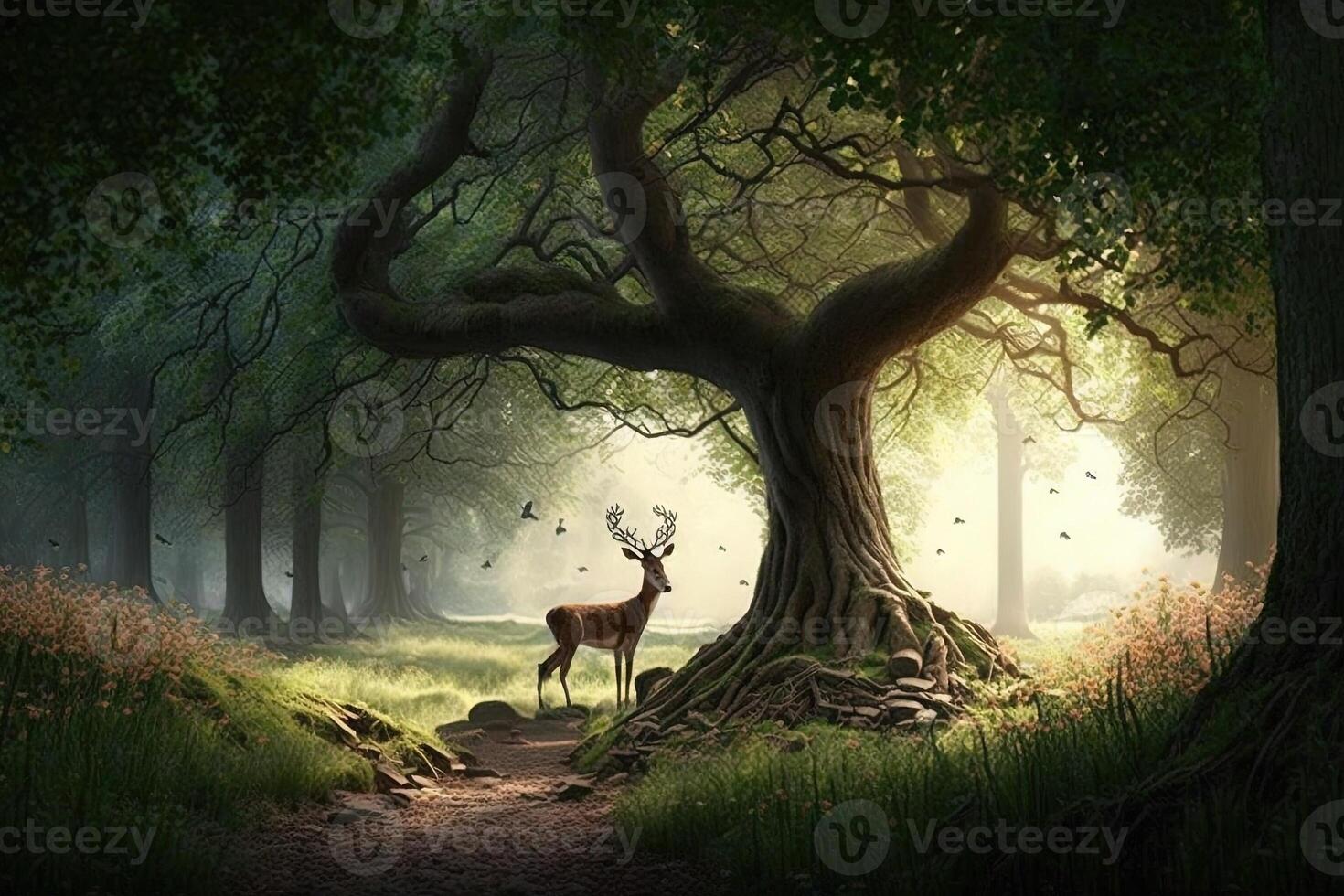 world international forest and woodlands day 21 march abstract illustration. animal, tree, green greeting, wildlife, globe, earth photo