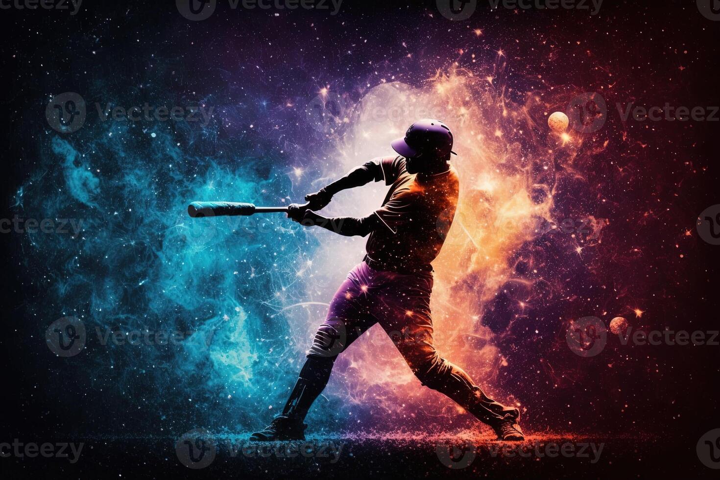 baseball player striking ball galaxy nebula explosion illustration photo