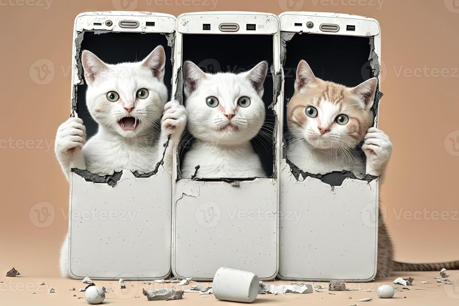 Wow, Great Offer concept. Three excited diverse cat 3 big cell phones showing to camera through torn paper holes. illustration photo