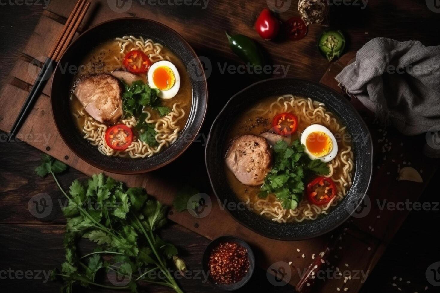 Two bowls of home made pork ramen decorated with chillies, shiitake, nori and scallions with a slate board. Top View. Copy Space photo