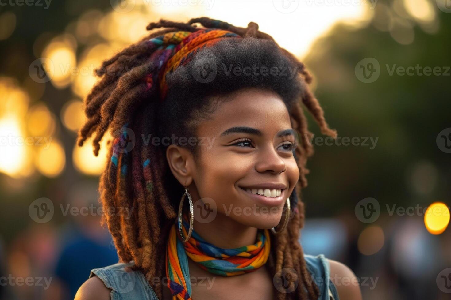 Cheerful woman with dreadlocks smiling with her eyes closed. . photo