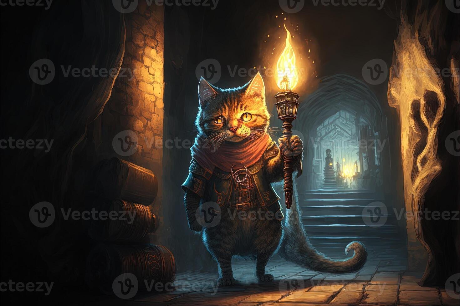 cat exploring a dungeon in search of dragons using a torch illustration photo