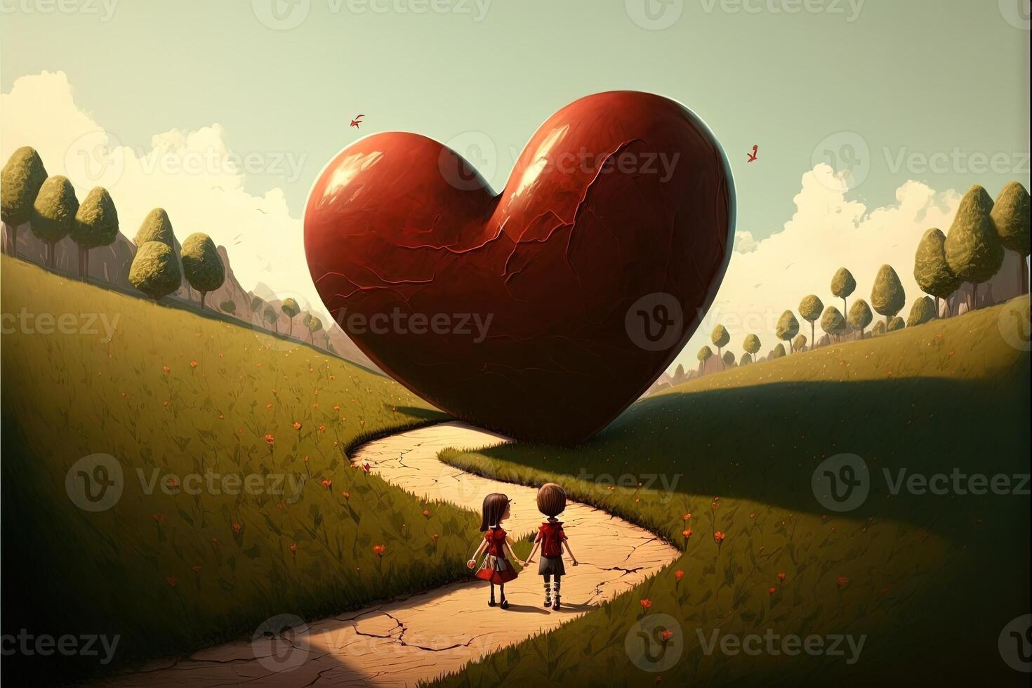 boy and girl holding hand in the path of love to big Love Valentine day concept illustration photo