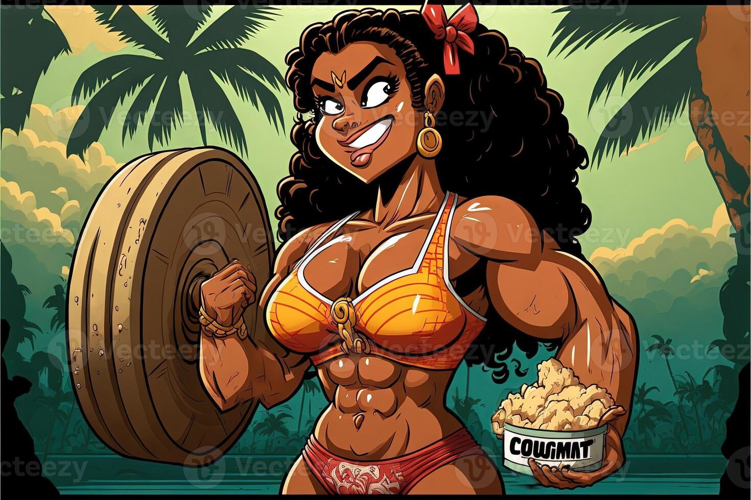 Coconut Cute Strong woman body builder super muscle cartoon style Illustration photo