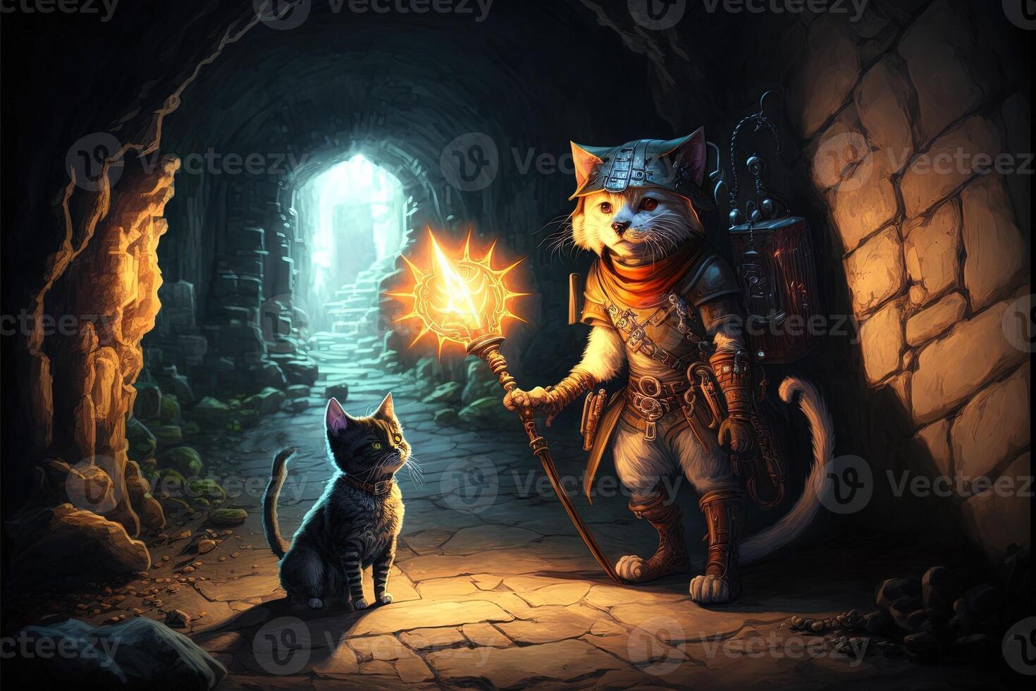 cat exploring a dungeon in search of dragons using a torch illustration photo