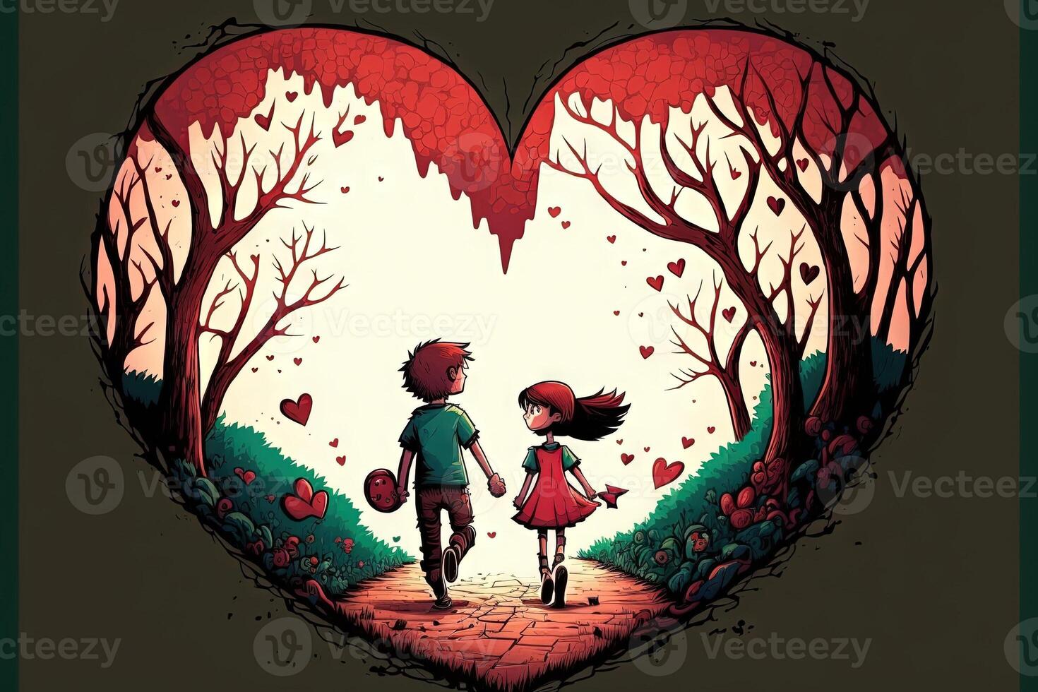 chico y niña participación mano en el camino de amor a grande amor enamorado día concepto ilustración generativo ai foto