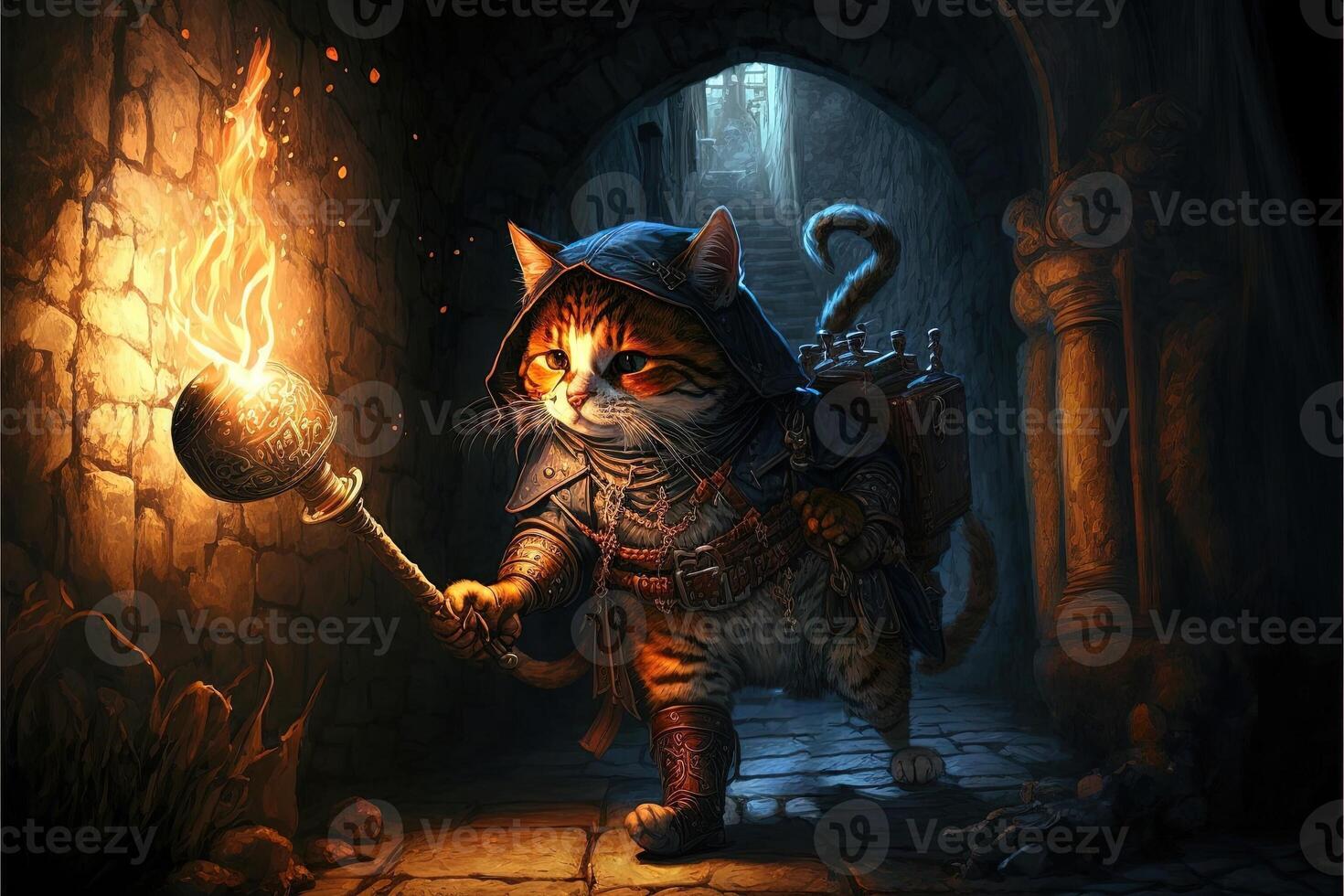 cat exploring a dungeon in search of dragons using a torch illustration photo