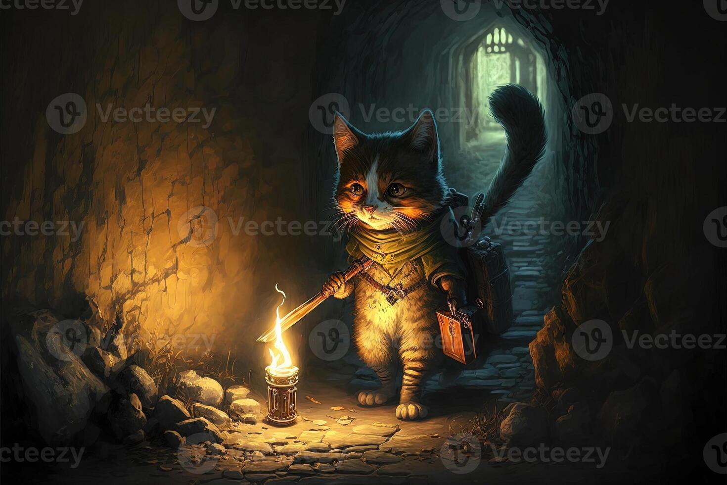 cat exploring a dungeon in search of dragons using a torch illustration photo