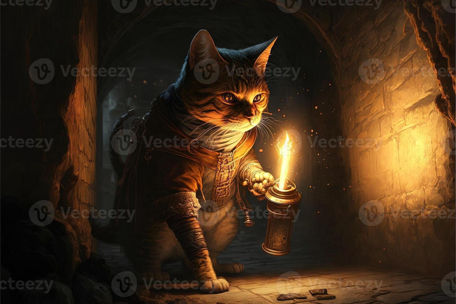 cat exploring a dungeon in search of dragons using a torch illustration photo