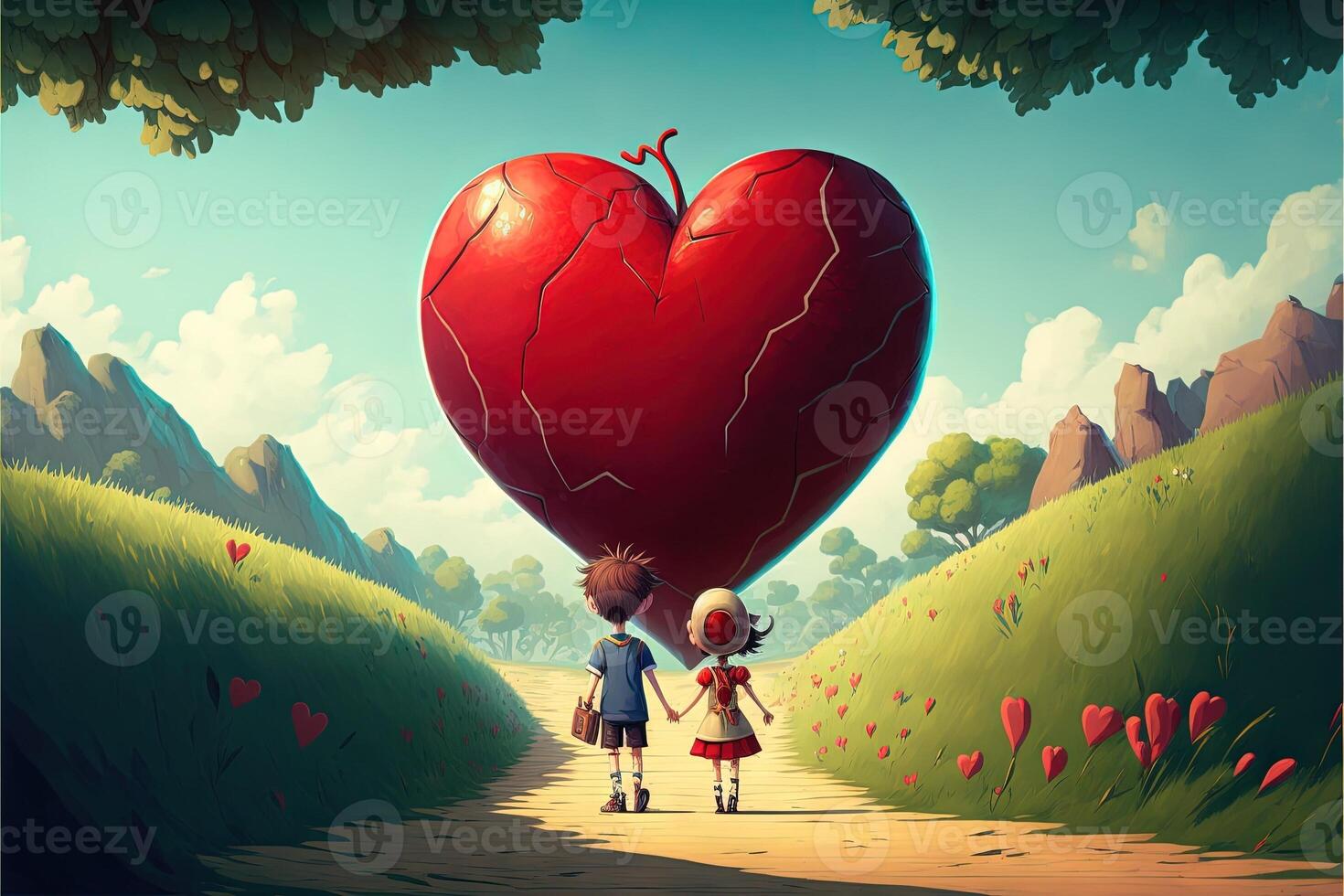 boy and girl holding hand in the path of love to big Love Valentine day concept illustration photo