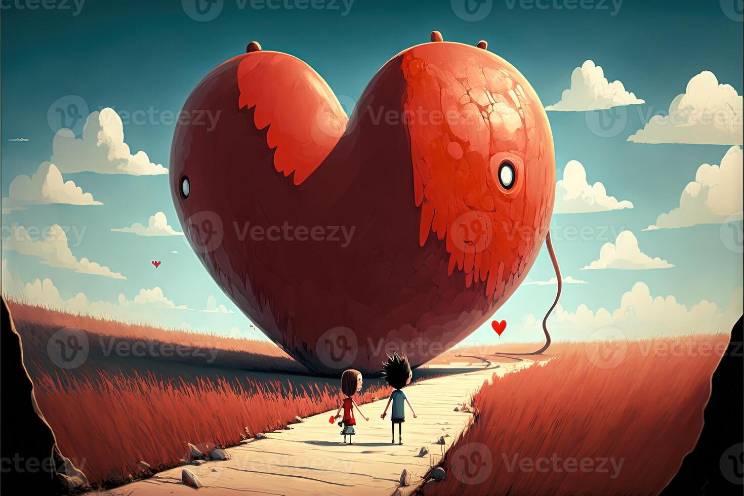 boy and girl holding hand in the path of love to big Love Valentine day concept illustration photo