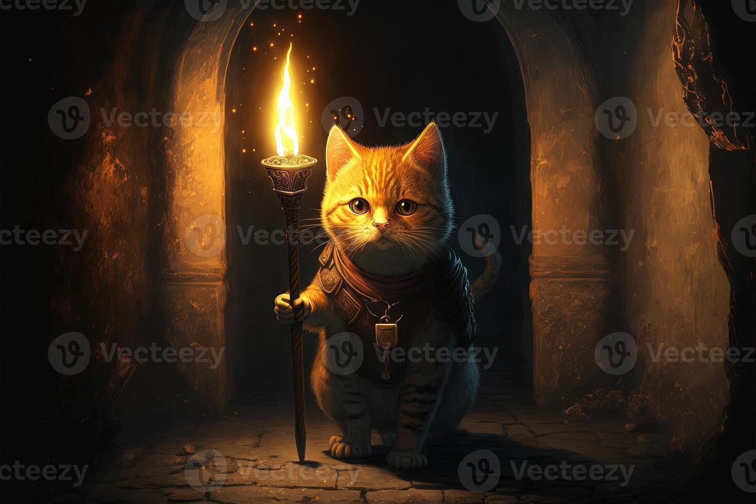cat exploring a dungeon in search of dragons using a torch illustration photo