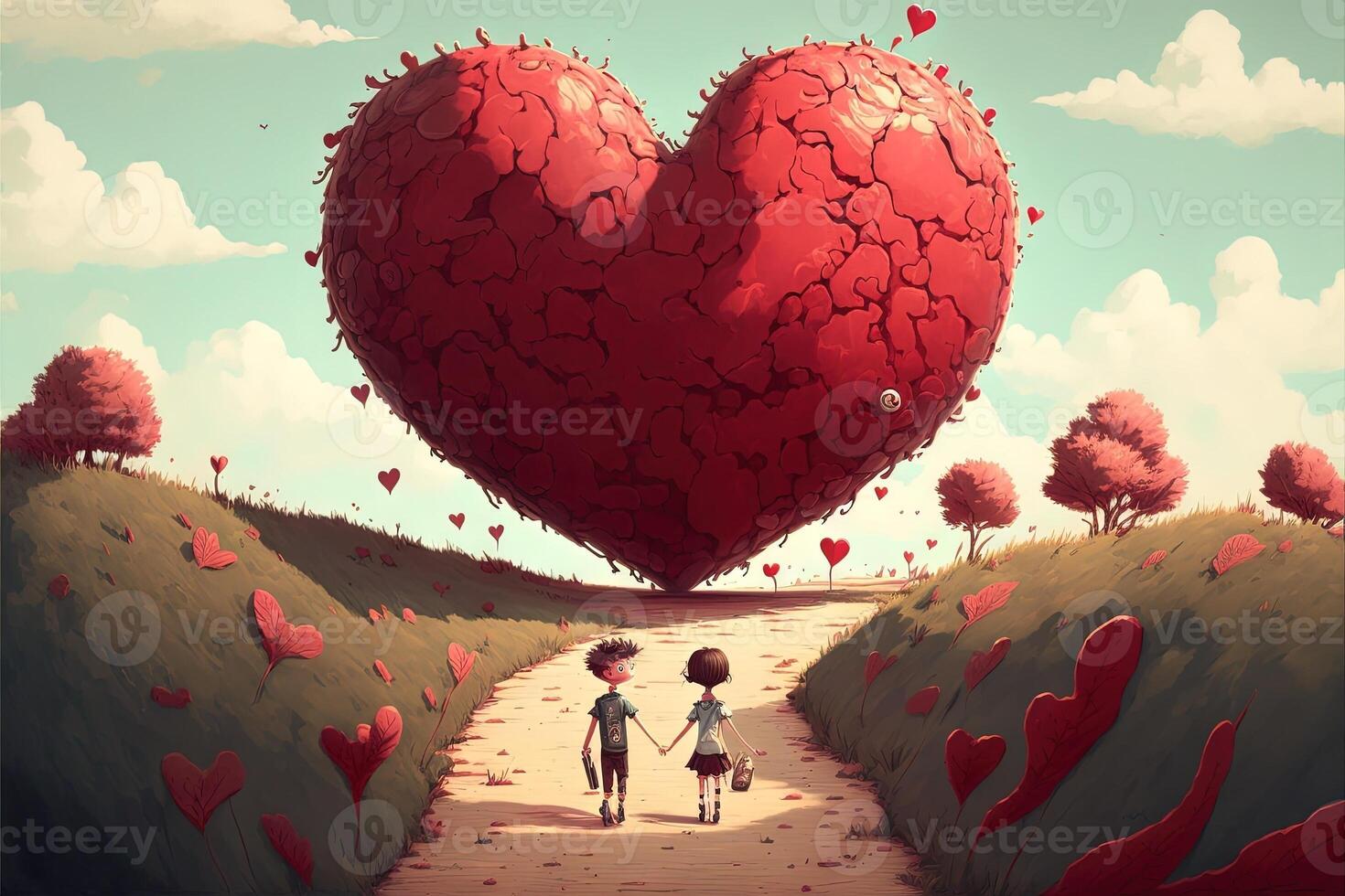 boy and girl holding hand in the path of love to big Love Valentine day concept illustration photo