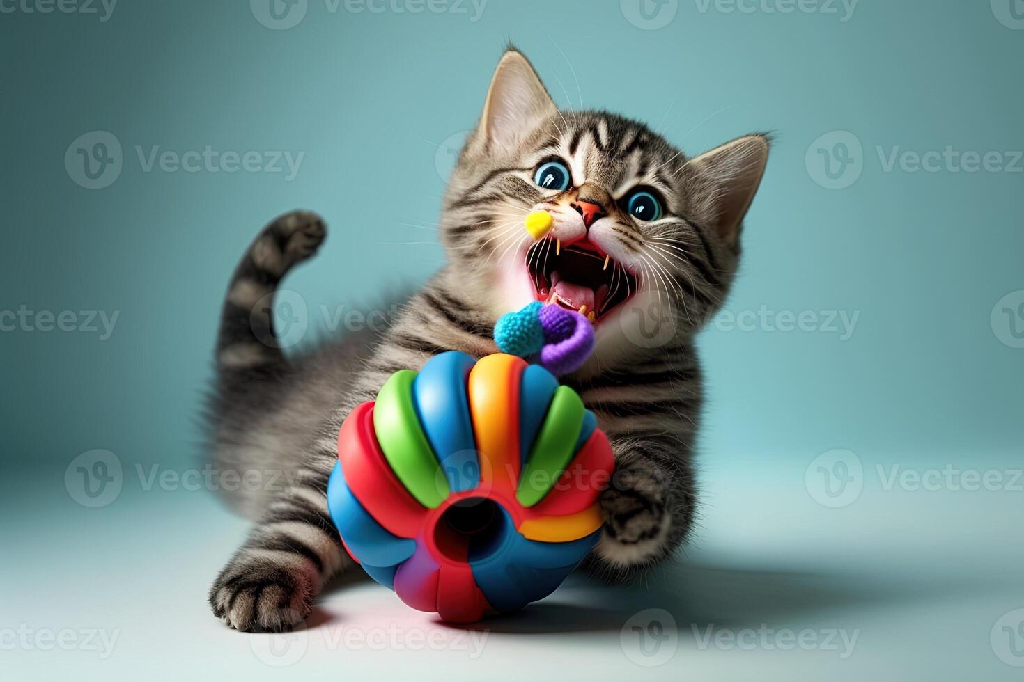 cat modeling to advertise a cat toy, showing off how much fun the toy is illustration photo