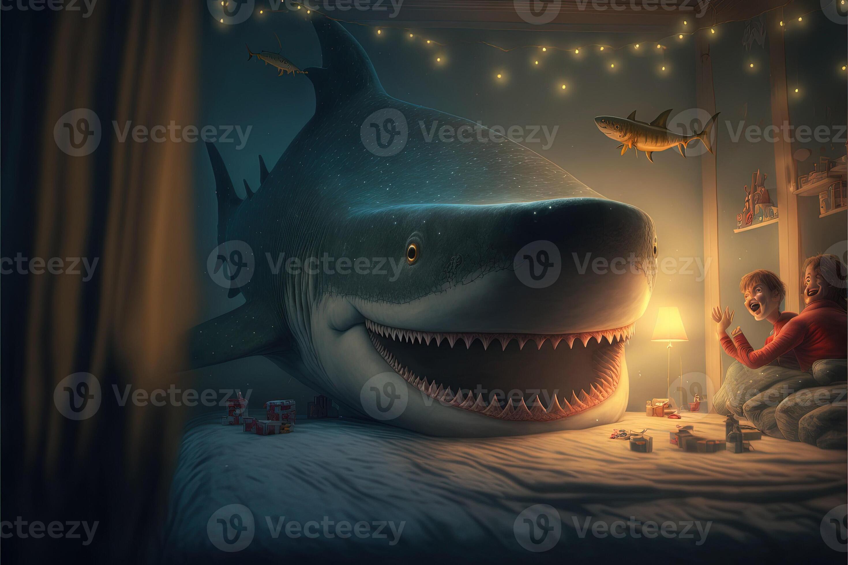 Cute shark coming to your house during christmas eve night cartoon