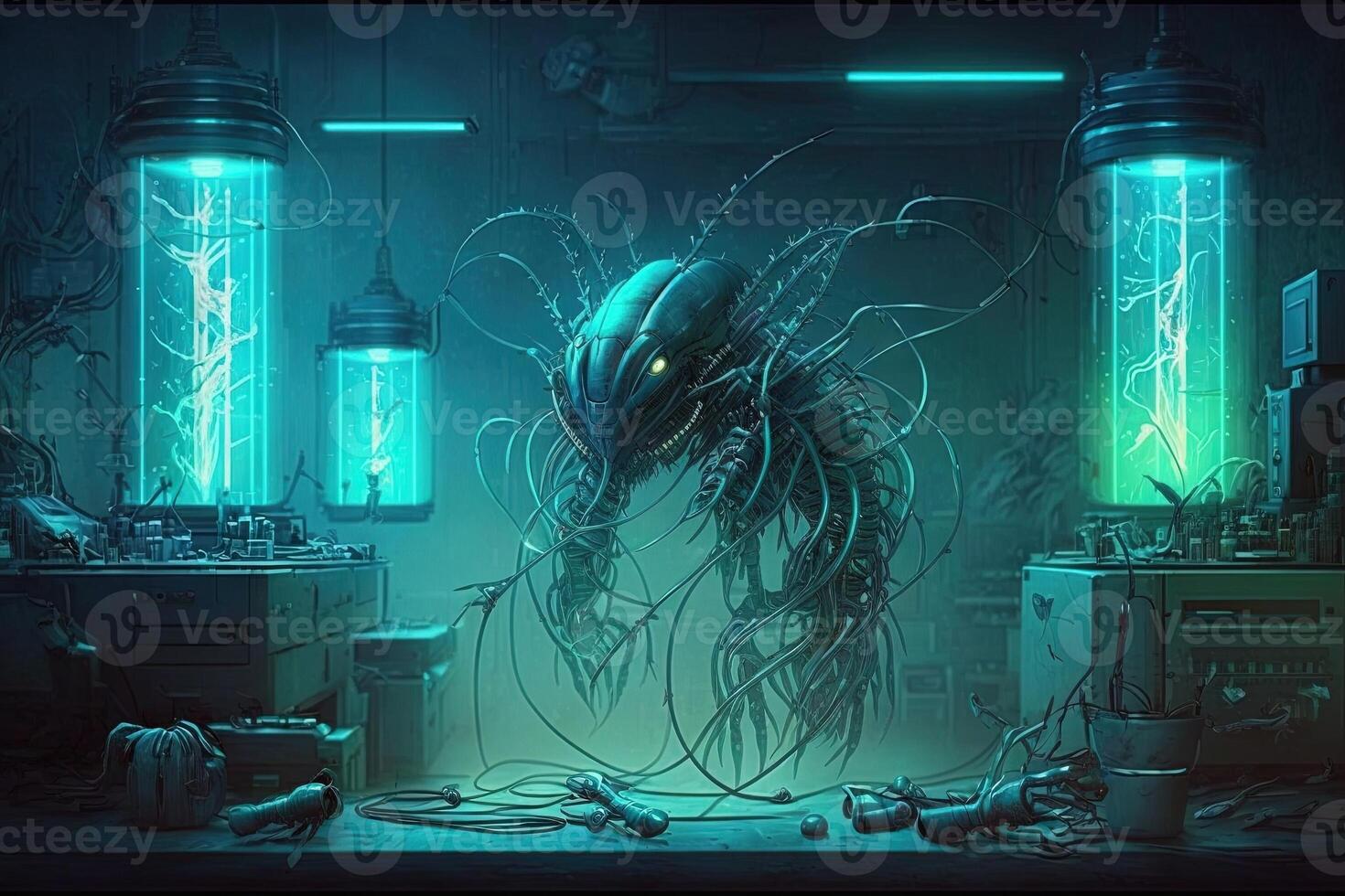 futuristic laboratory where creatures made out of metal and wires are being created and tested, with glowing tubes and wires running throughout the room illustration photo