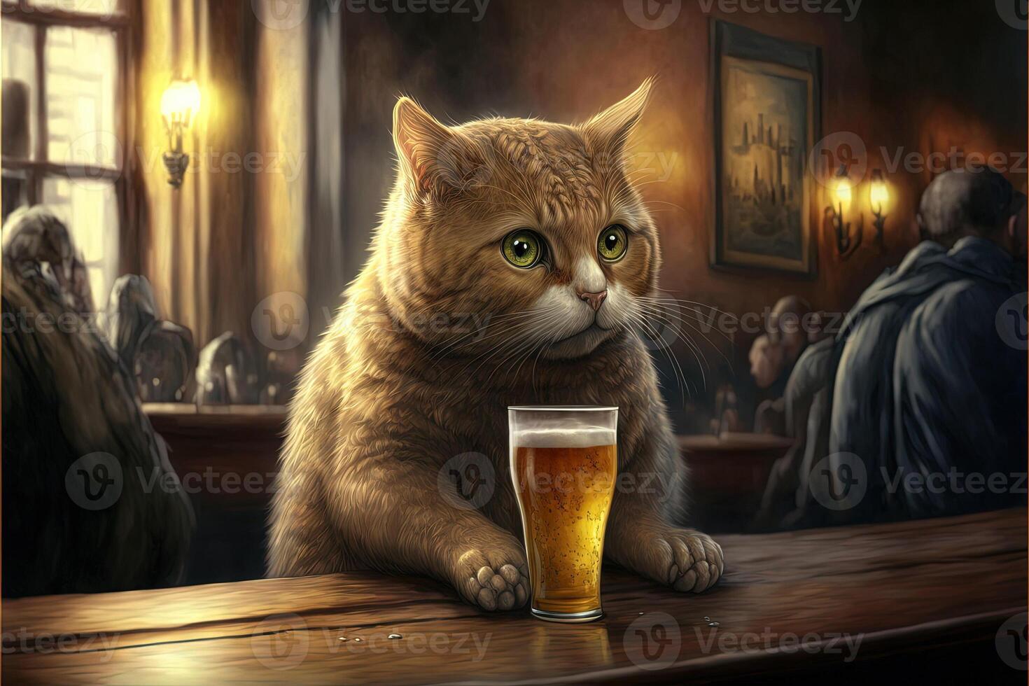 Maka 3 - Strnka 39 Cat-drinking-a-beer-in-a-pub-bar-illustration-generative-ai-photo