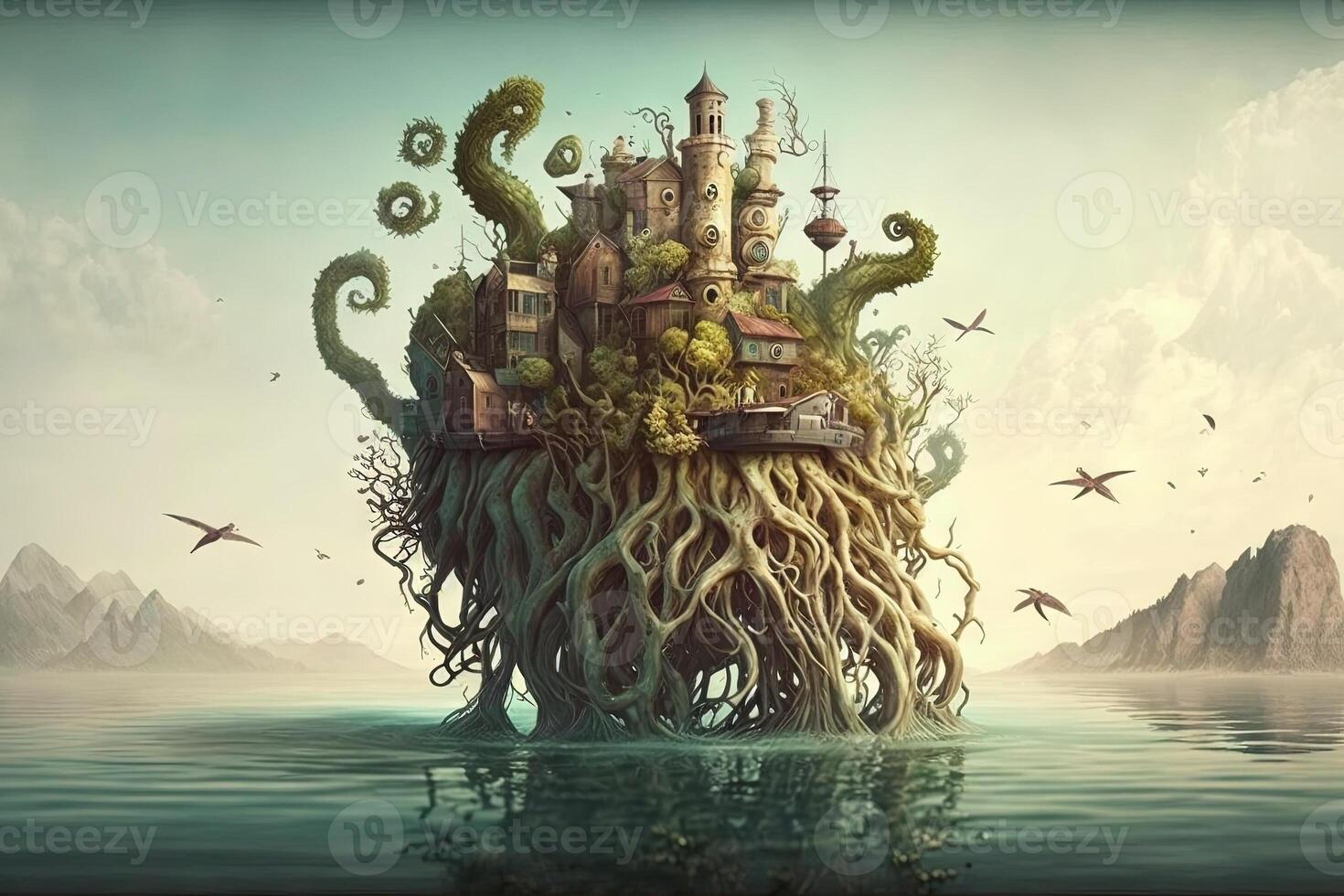 Floating island populated by a variety of bizarre and monstrous creatures, from giant tentacled beasts to strange hybrid animals that defy classification illustration photo