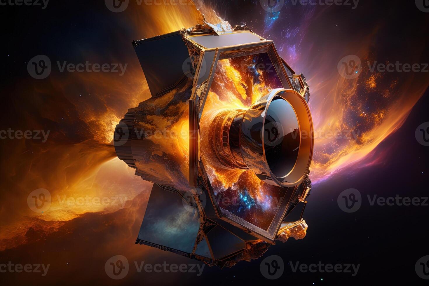 futuristic fluid space telescope in Space background with nebula and stars, cosmic dust, cosmic gas clusters and constellations illustration photo