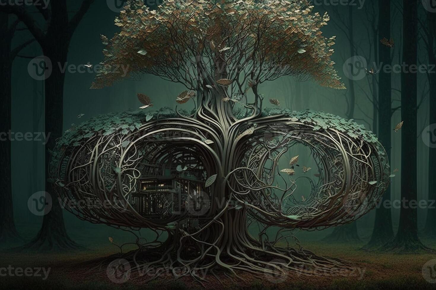 forest filled with trees that are part organic, part mechanical, with branches and leaves made of metal and wires illustration photo