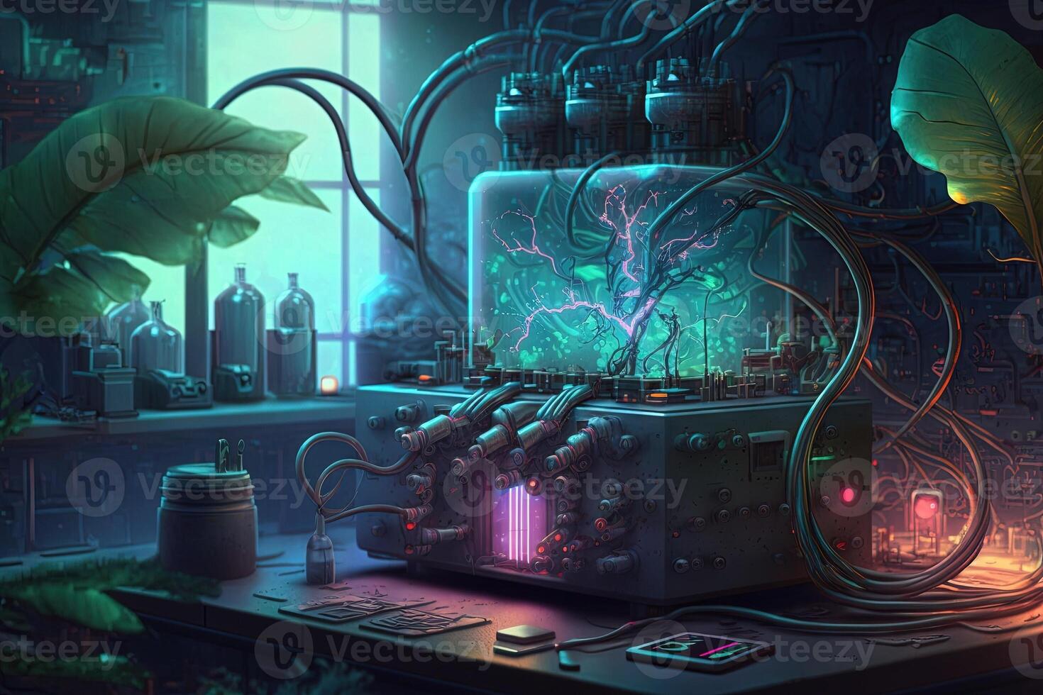futuristic laboratory where creatures made out of metal and wires are being created and tested, with glowing tubes and wires running throughout the room illustration photo