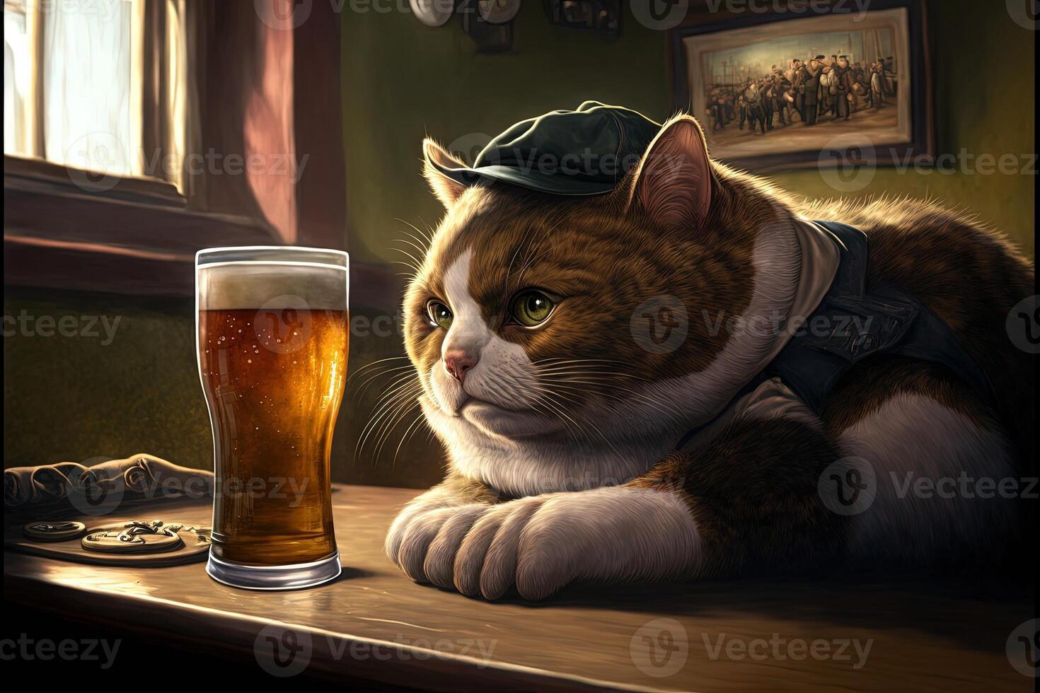 Cat drinking a beer in a pub bar illustration photo