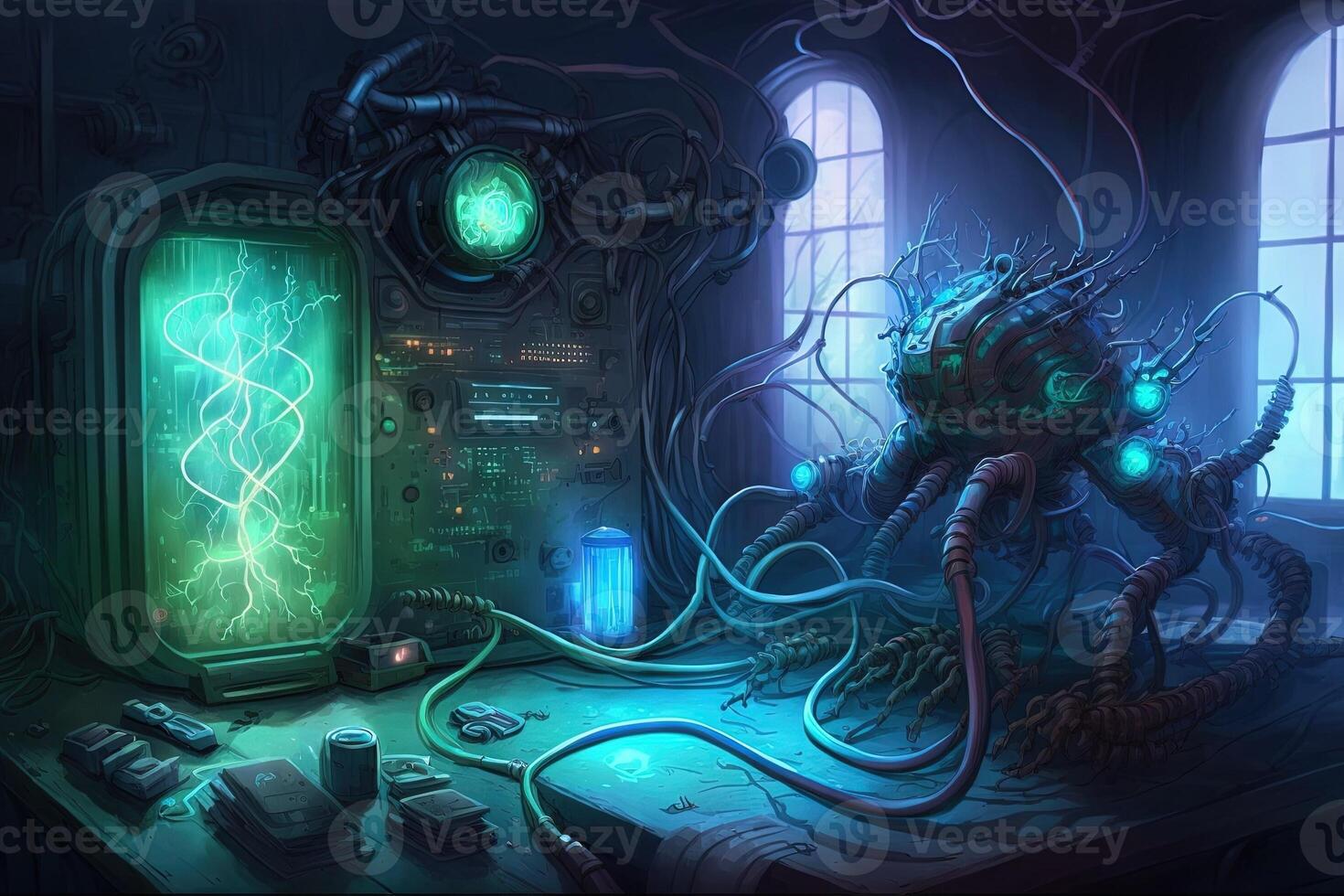 futuristic laboratory where creatures made out of metal and wires are being created and tested, with glowing tubes and wires running throughout the room illustration photo
