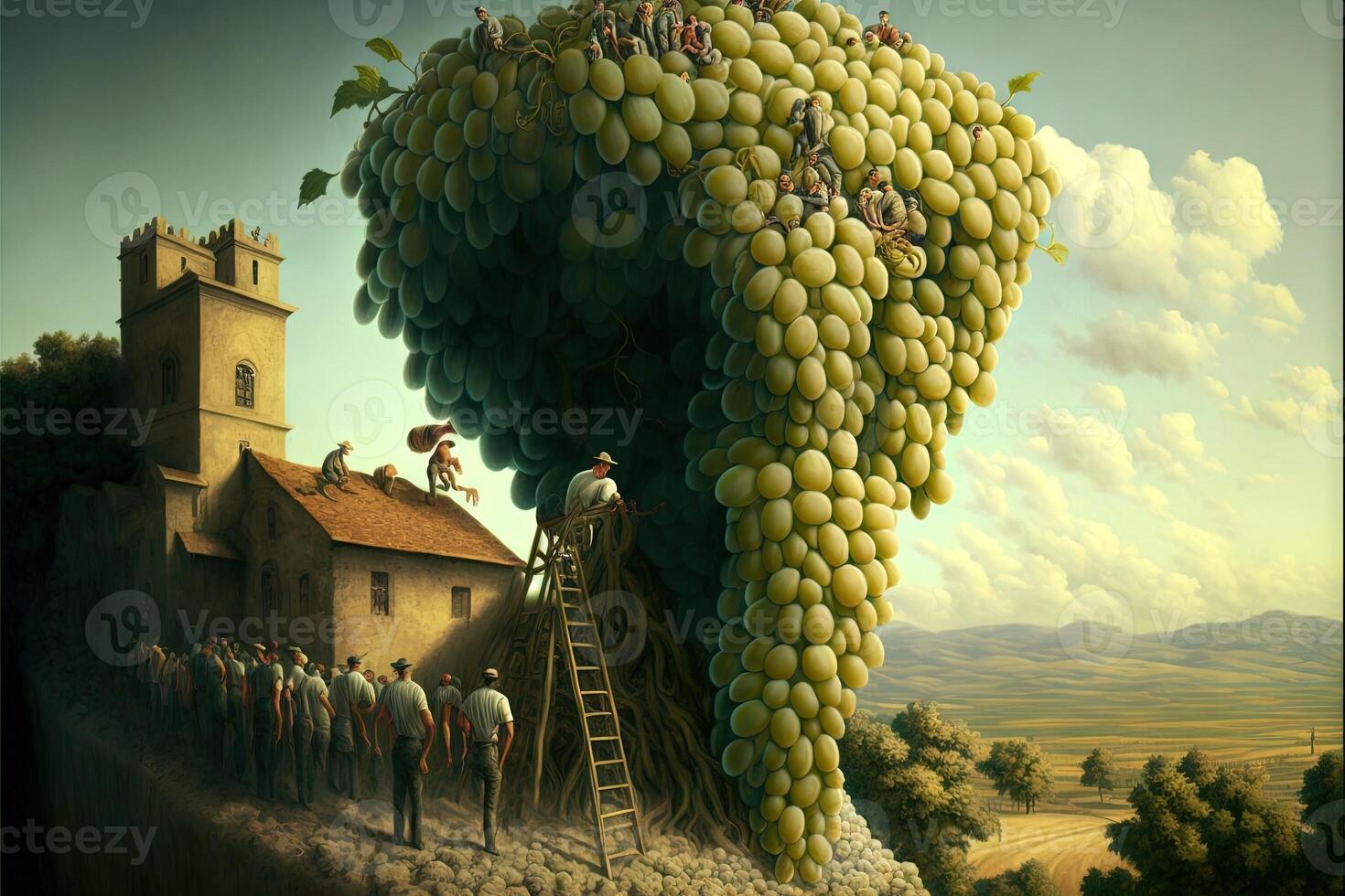 enormous giants grapes in vineyard, people using ladders to harvest llustration 23967912 Stock