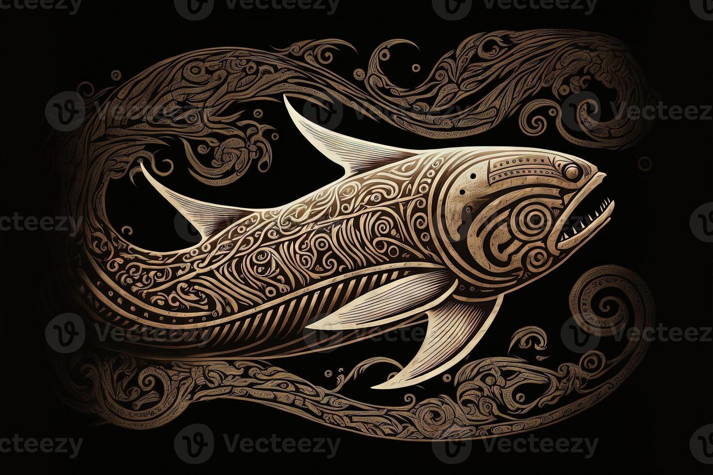 maorí tribal gigante pescado bosquejo polinesio tatuaje modelo ilustración generativo ai foto