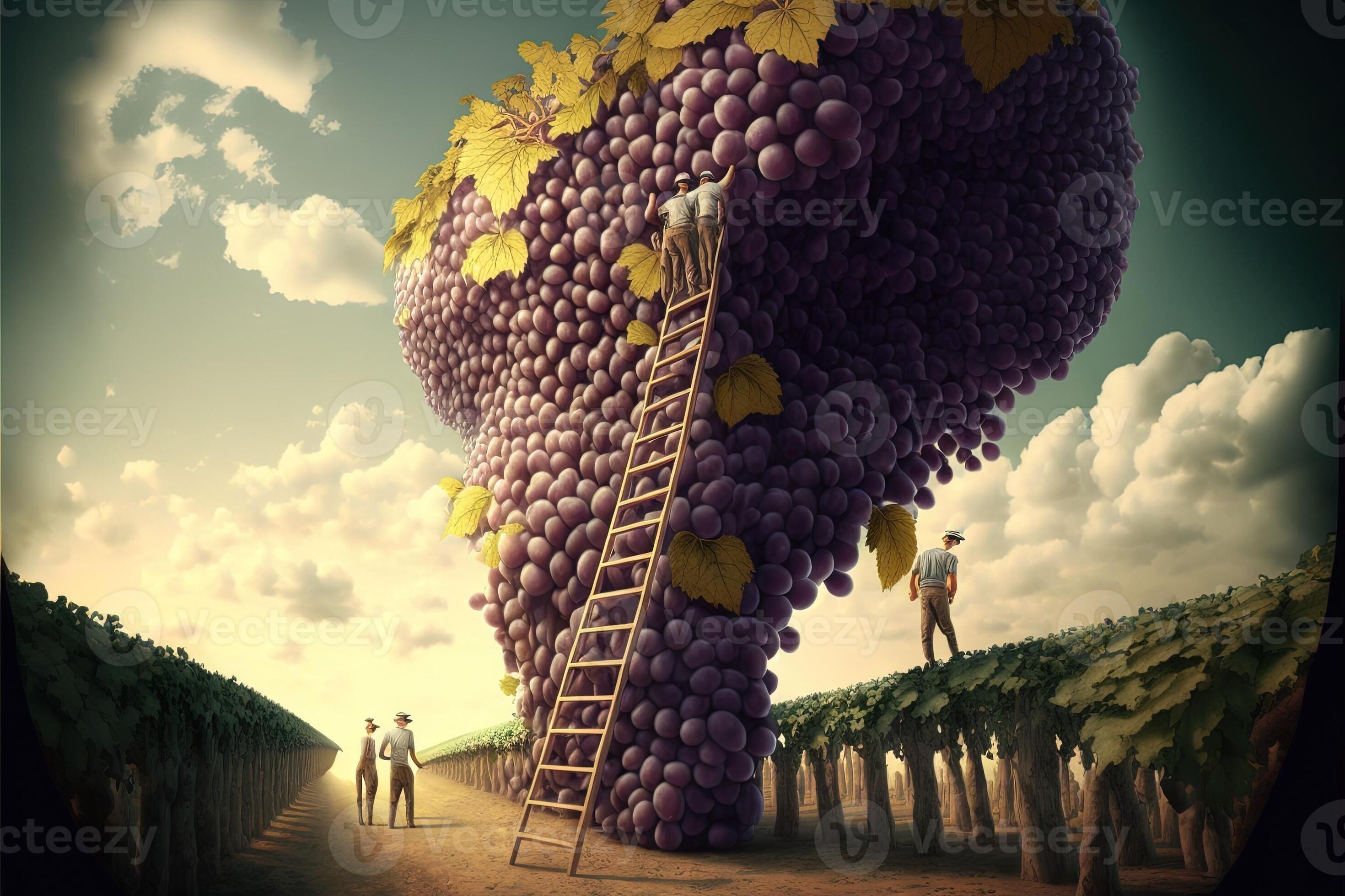 enormous giants grapes in vineyard, people using ladders to harvest llustration 23967926 Stock