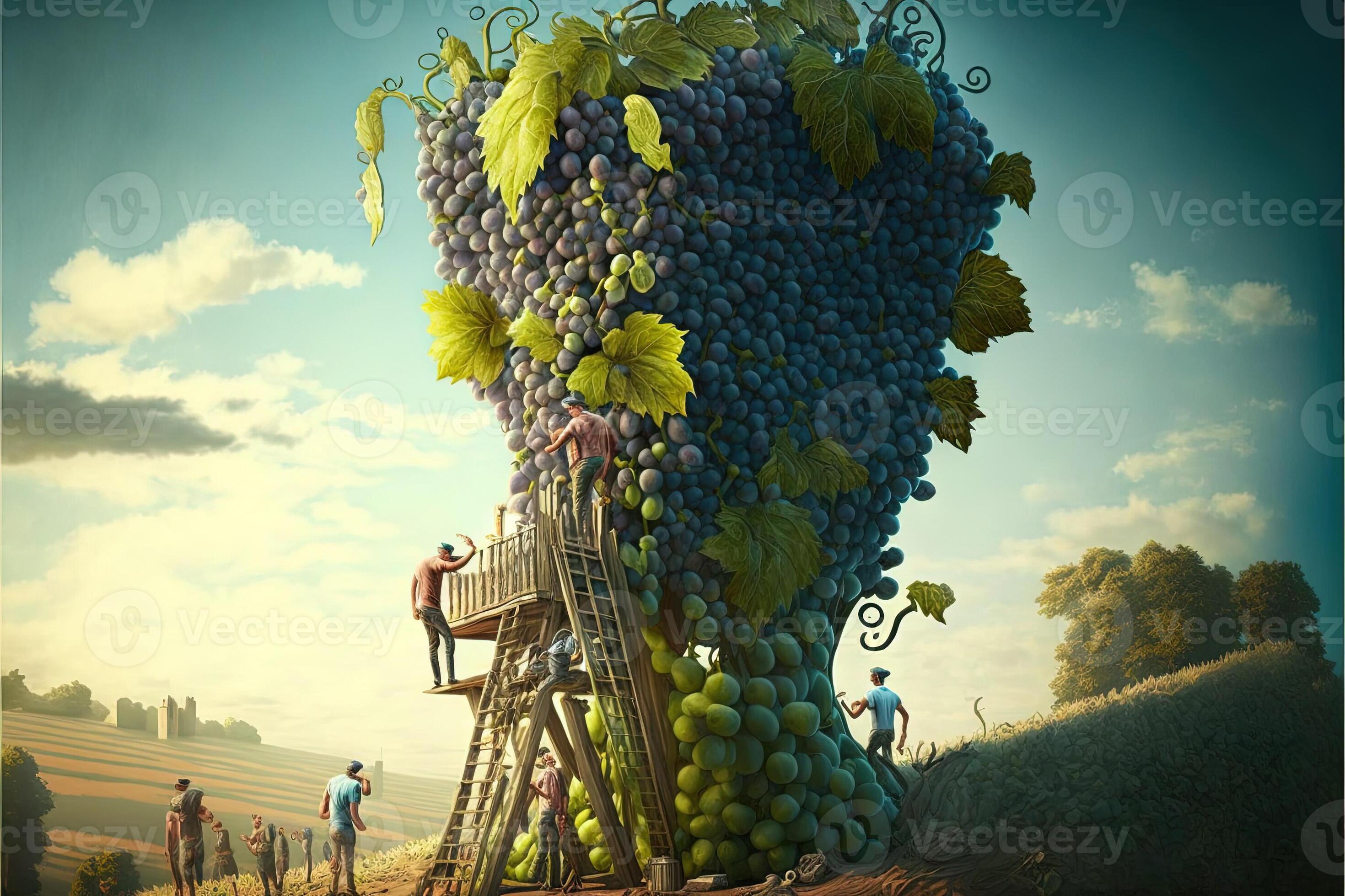 enormous giants grapes in vineyard, people using ladders to harvest llustration generative ai