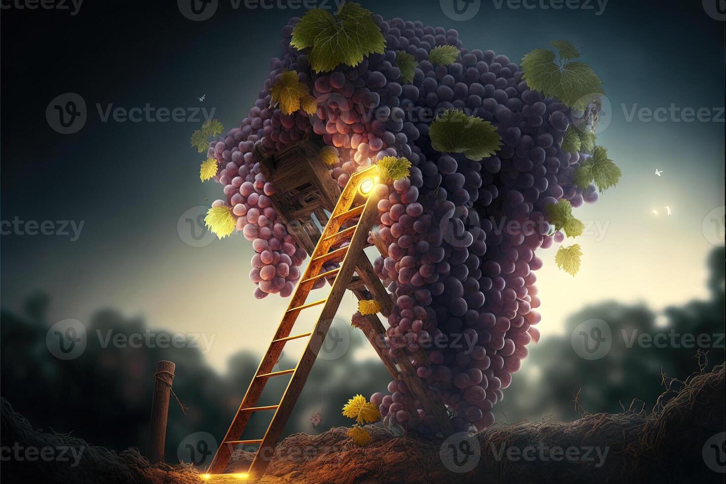 enormous giants grapes in vineyard, people using ladders to harvest llustration 23967934 Stock