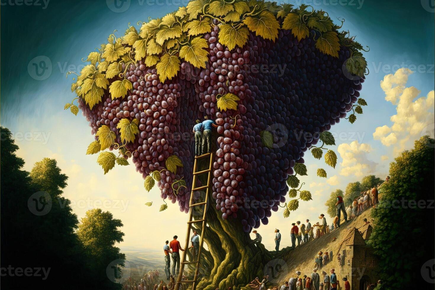 enormous giants grapes in vineyard, people using ladders to harvest llustration 23967975 Stock