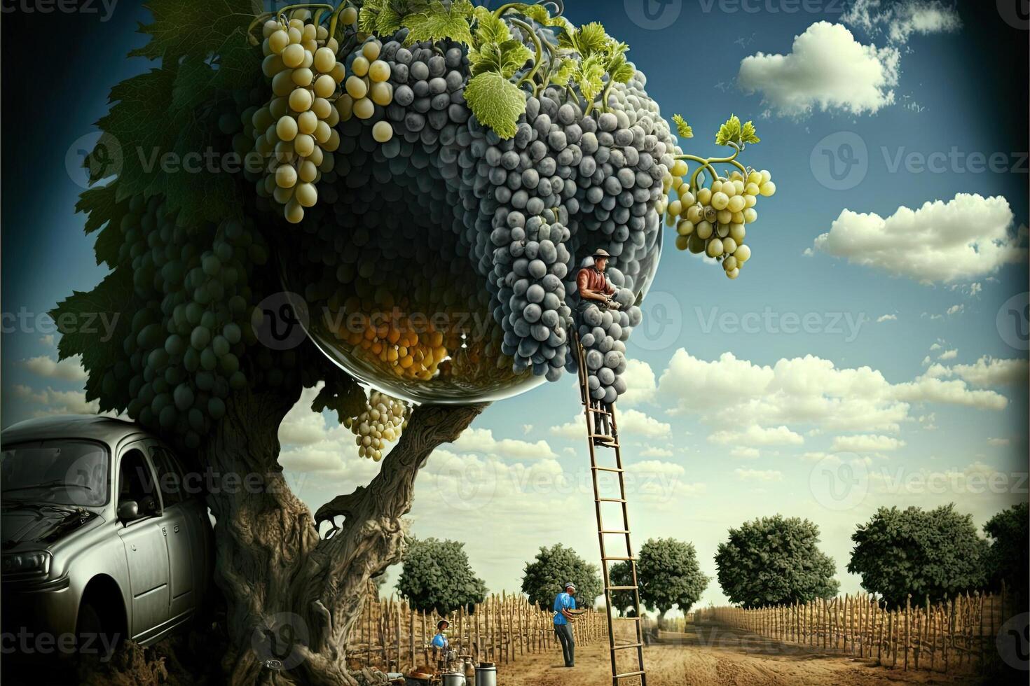 enorme gigantes uvas en viñedo, personas utilizando escaleras a cosecha Ilustracion generativo ai foto