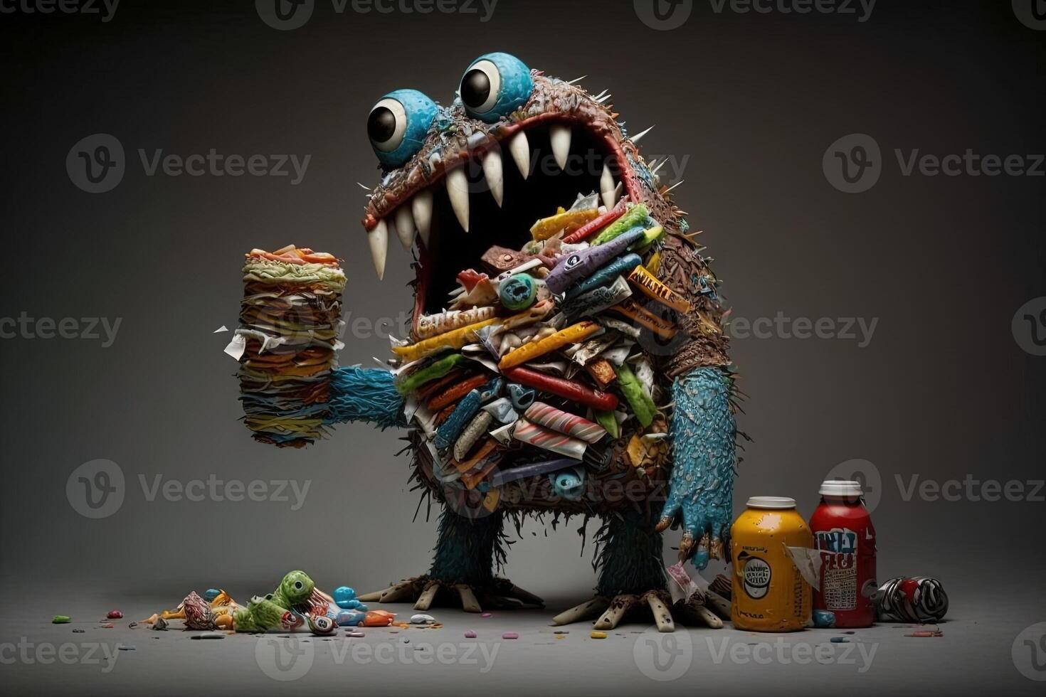 monstruo hecho fuera de basura comida ilustración generativo ai foto